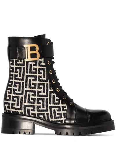 Balmain Black Jacquard Monogram Ranger Romy Boots In Ivoire Noir