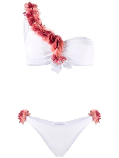 La Reveche Adele One Shoulder Bikini In White Pink