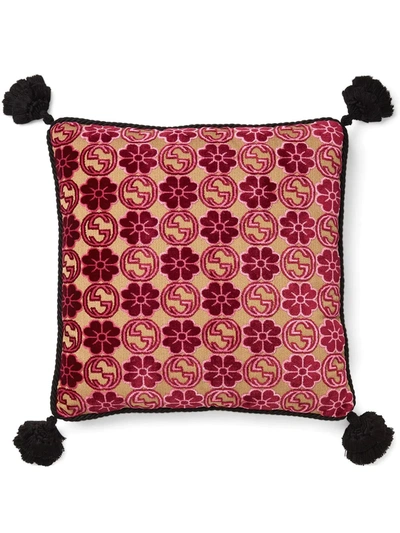 Gucci Floral Interlocking G Tartan Cushion In Pink,bordeaux
