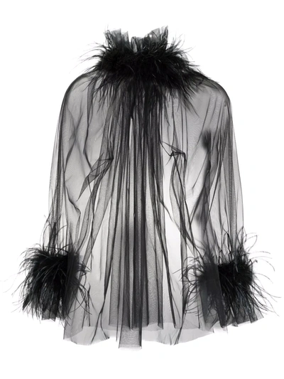 Styland Feather-trim Sheer Longline Blouse In Black
