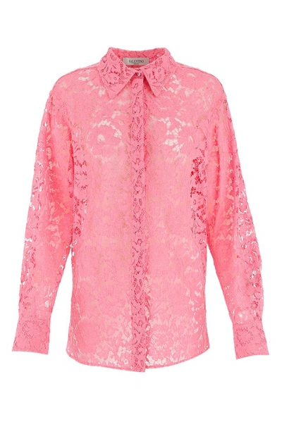 Valentino Sheer Floral-lace Collared Blouse In Pink