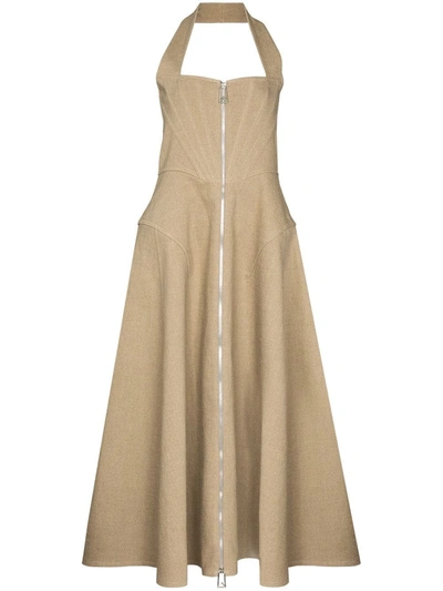 Bottega Veneta Linen-blend Canvas Halterneck Midi Dress In Beige