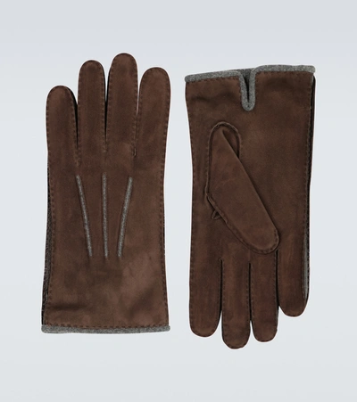 Loro Piana Damon Baby Cashmere-lined Suede Gloves In Brown