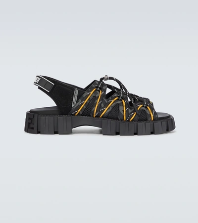 Fendi Force Leather And Mesh Sandals In Schwarz