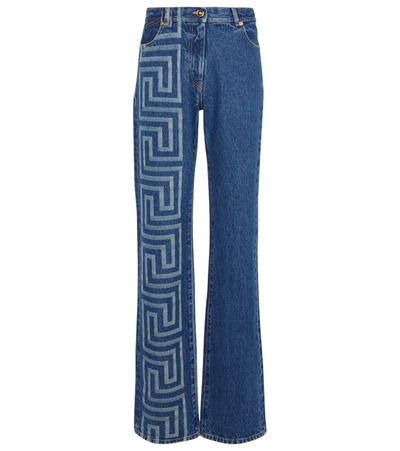 Versace Greca Print Flare-leg Jeans In Blue