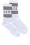 Versace Short Socks W/ Striped Logo Cuff In Bianco & Nero