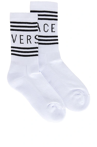 Versace Short Socks W/ Striped Logo Cuff In White
