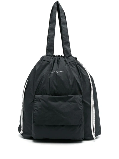 Brunello Cucinelli Drawstring Logo Print Shoulder Bag In Black