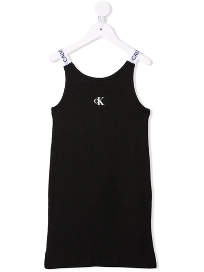 Calvin Klein Kids' Logo-print Ribbed Dress In Black