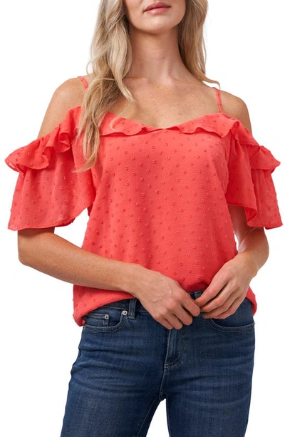Cece Cold Shoulder Clip Dot Blouse In Bay Coral
