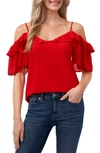 Cece Cold Shoulder Clip Dot Blouse In Fireball