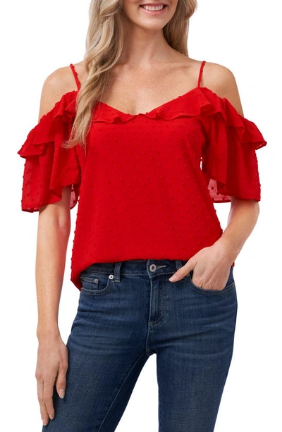 Cece Cold Shoulder Clip Dot Blouse In Fireball