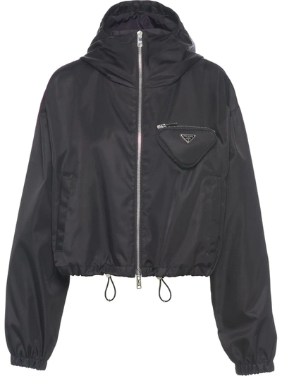 Prada Re-nylon Hooded Blouson Jacket With Pouch In Black