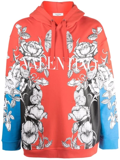 Valentino Orange & Blue Dark Blooming Logo Hoodie In Orange/multicolor