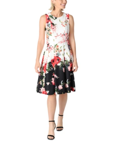 Donna Ricco Floral-print Fit & Flare Dress In Ivory/black Multi