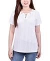 Ny Collection Petite Short Sleeve Knit Eyelet Pullover With Grommets In White