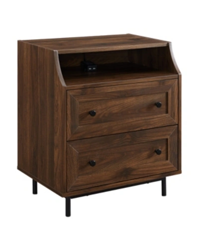 Walker Edison Curved Open Top 2 Drawer End Table With Usb In Brown