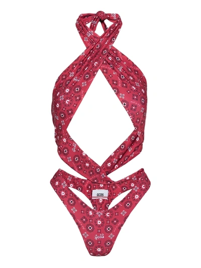 Gcds Foulard Halter Cut-out Swimsuit, Red In Rosso