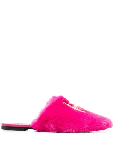 Moschino Logo-plaque Faux-fur Mules In Rosa