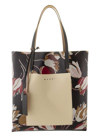 Marni Shopping Bag In Leather With Flower Print In Black,white,red,pink