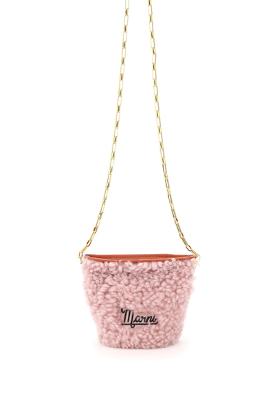 Marni Shearling Crossbody Mini Bag With Chain In Pink,orange