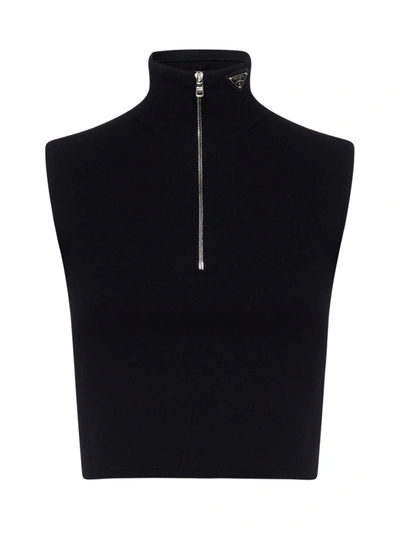 Prada Black Wool And Viscose Turtleneck Crop Top In Nero