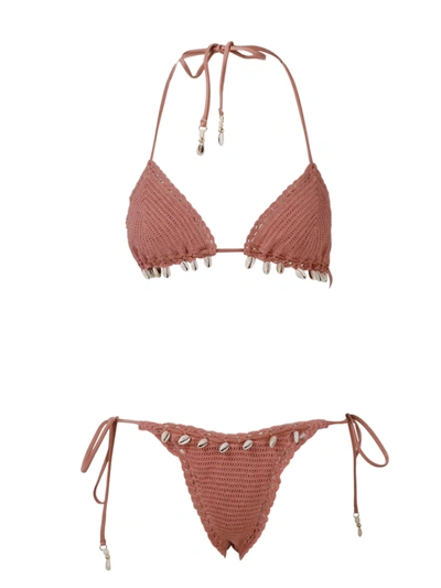 Zimmermann Cassia Rose Shell-embellished Crochet-knit Bikini In Pink