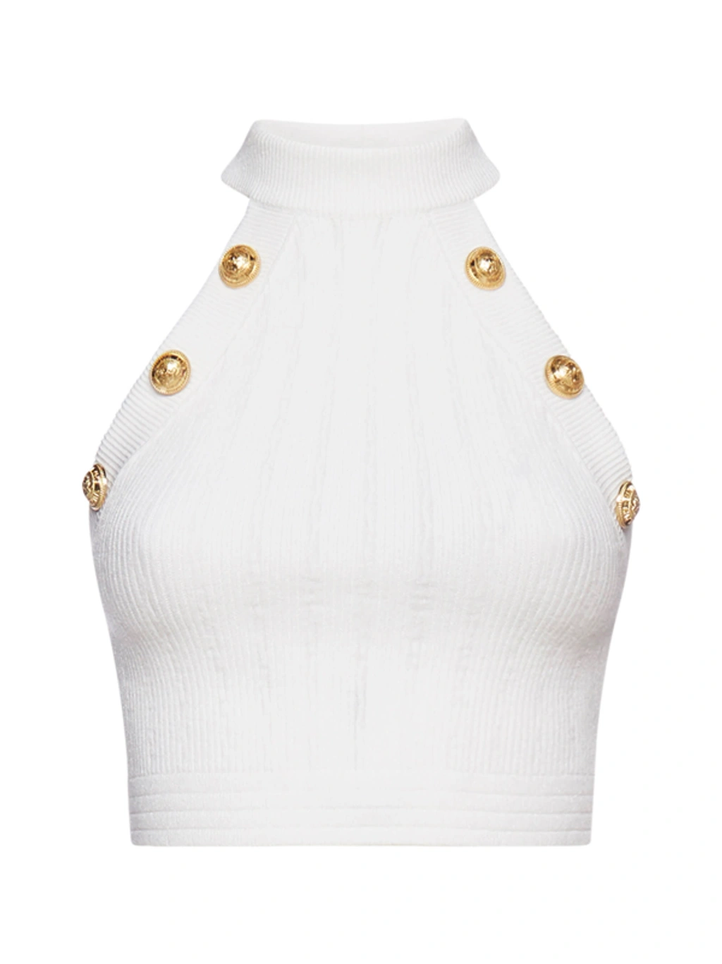 Balmain White Knit Crop Top With Gold-tone Buttons ModeSens