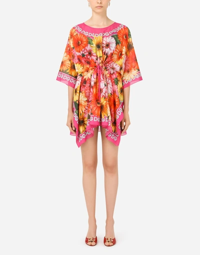 Dolce & Gabbana Batiste Caftan With Gerbera-daisy Print With Drawstring In Multicolor