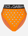 Dolce & Gabbana Spandex High-waisted Briefs With Rhinestones And Branded Elastic In Orange