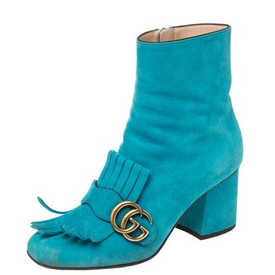 Pre-owned Gucci Blue Suede Marmont Fringe Detail Ankle Boots Size 37