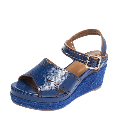 Pre-owned Hermes Blue Glossy Leather Perforated Espadrille Wedge Sandals Size 39