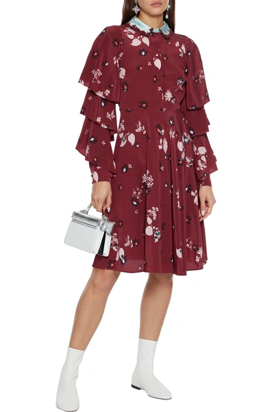 Valentino Tiered Appliquéd Floral-print Silk Crepe De Chine Dress In Plum