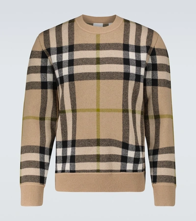 Burberry Beige Cashmere Check Jacquard Sweater In Beige,black,yellow