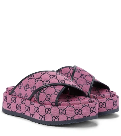 Gucci Gg Multicolor系列防水台凉鞋 In Pink And Blue Canvas