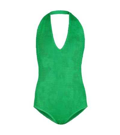 Bottega Veneta Seersucker Halterneck Swimsuit In Green