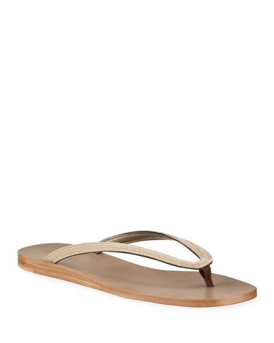 Brunello Cucinelli Leather Monili Flat Thong Sandals In Gold