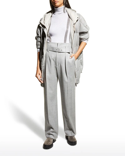 Brunello Cucinelli Paperbag-waist Wool Pants W/ Monili Suspenders In C002 Pearl Grey