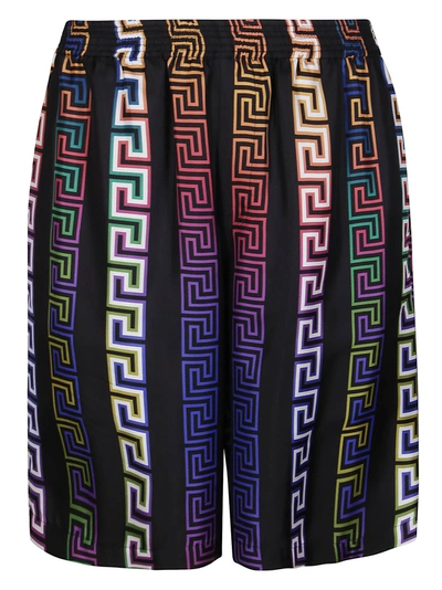 Versace Black Silk Greca Neon Shorts In Multi-colored