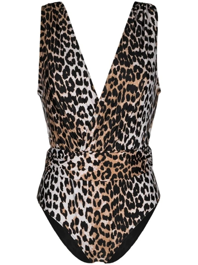 Ganni Leopard Print V-neck Swimsuit In Brown