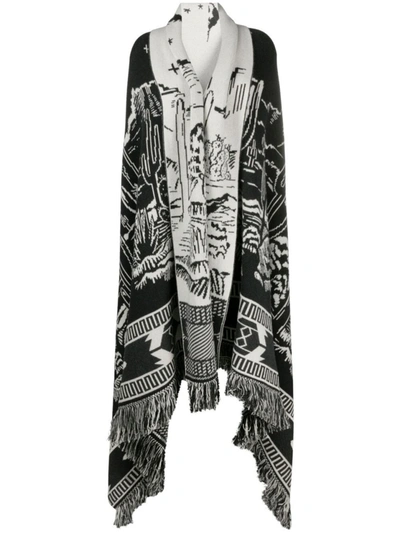 Alanui Black/white Cashmere-wool Blend Intarsia-pattern Knitted Cape