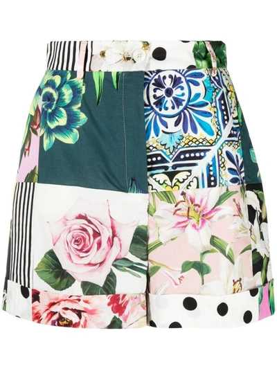 Dolce & Gabbana High-rise Patchwork Cotton-poplin Shorts In White,pink,green