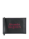 ALEXANDER MCQUEEN BLACK CALF LEATHER LOGO-PRINT ZIP CLUTCH BAG,666718FA-C767-BDA1-0E41-8E8357741057