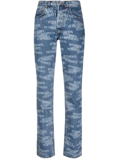 Vetements All Over Logo Straight Jeans In Light Blue