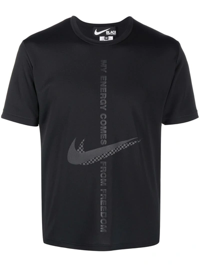 Black Comme Des Garçons Swoosh-print Slogan T-shirt In Schwarz