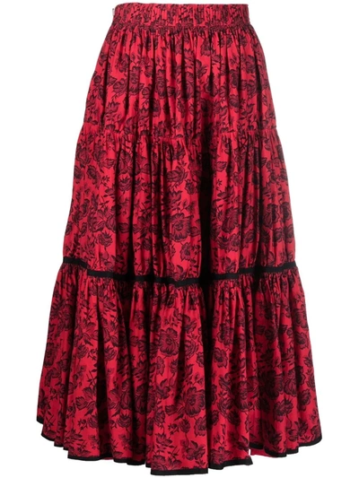 Pre-owned A.n.g.e.l.o. Vintage Cult 1970s Floral Midi Skirt In Red