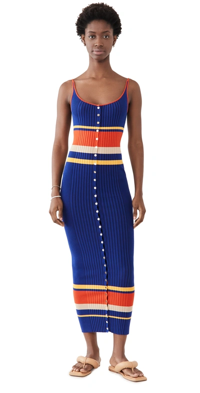 Paco Rabanne Striped Ribbed Cotton-blend Midi Dress In Navy