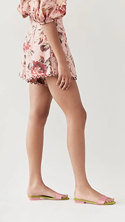 Zimmermann Cassia Scalloped Floral-print Linen Shorts In Pink,red