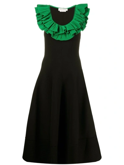Alexander Mcqueen Black Sculptural Ruffles Knit Midi Dress In Black/green