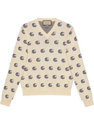 Gucci Off-white & Blue Jacquard Gg Sweater
